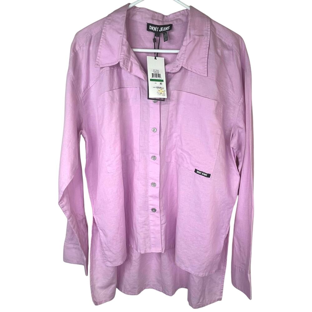 DKNY JEANS high/low hem linen blend long sleeve shirt, orchid pink, size L NWT